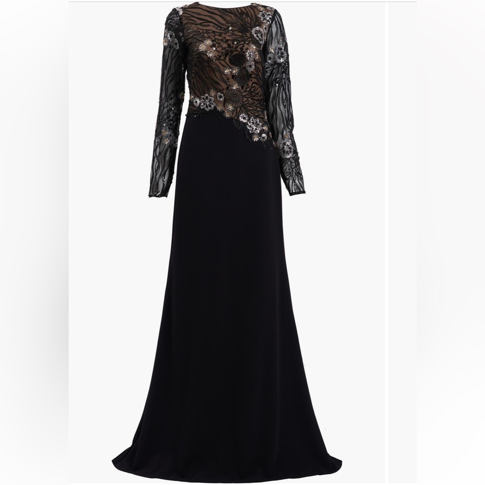 Tadashi Shoji Sequin Lace Floral Bodice Dress Long Sleeve Black CDU16206LXY